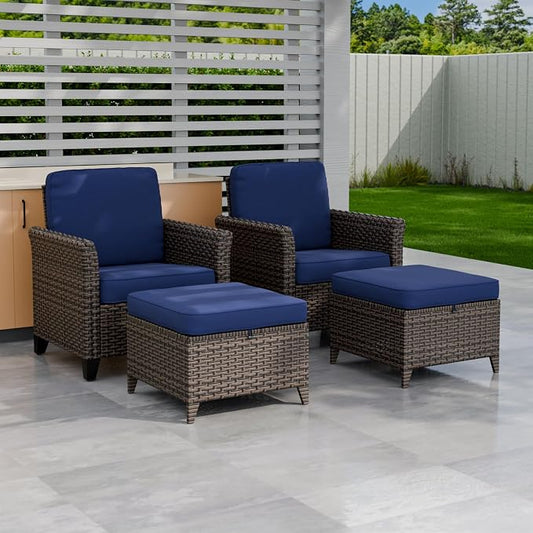 COOS BAY Harbor Retreat 4 Piece Outdoor Furniture Set, Patio Conversation Set with Patio Chairs and Ottomans, Wicker Furniture, Brown/Blue