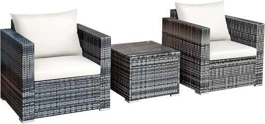 COSTWAY 3-Piece Patio Furniture Set, Outdoor Wicker Rattan Sofa with Cushions and Coffee Table, Conversation Chair Set for Poolside Backyard Balcony Lawn (White)