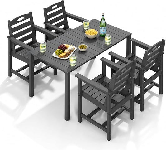 Domi HDPE Outdoor Dining Set, All-Weather 5 Piece Outdoor Dining Table Set with 2" Umbrella Hole, Outdoor Patio Dining Set for Garden, Poolside, Backyard, Deck, Grey