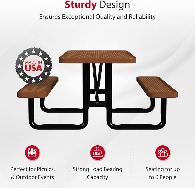 Leisure Craft Metal Picnic Table with Bench - 6 ft Rectangle Outdoor Dining Table for 6, Umbrella Hole, Weatherproof Heavy Duty Thermoplastic Coating, Commercial Grade Furniture Made in USA - Brown