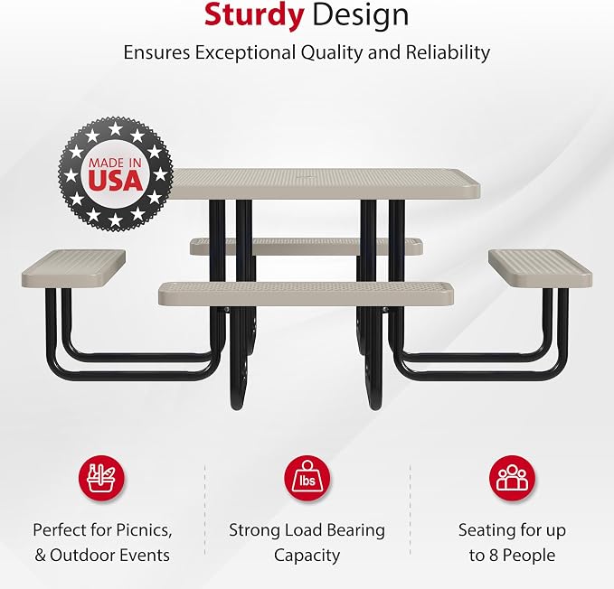 Leisure Craft Metal Picnic Table with Bench - 46" Square Outdoor Dining Table for 8 with Umbrella Hole, Weatherproof Heavy Duty Thermoplastic Coating, Commercial Grade Furniture Made in USA - Beige