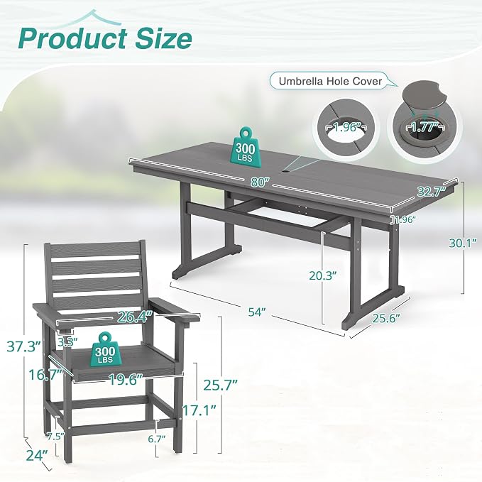 9 Piece Patio Dining Set, 80" Rectangle HDPS Weather Resistant Outdoor Table & 8 Patio Chairs Set with 1.96" Umbrella Hole, 300LBS Heavy Duty for Backyard Deck Balcony, Grey