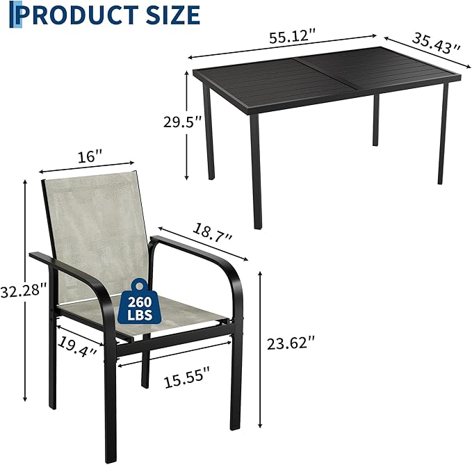 Garvee 7 Piece Patio Dining Set, Outdoor Furniture with 55" Rectangular Iron Table & 6 Textilene Chairs, All Weather Wood-Grain Finish, Suitable for Backyard, Garden, Poolside