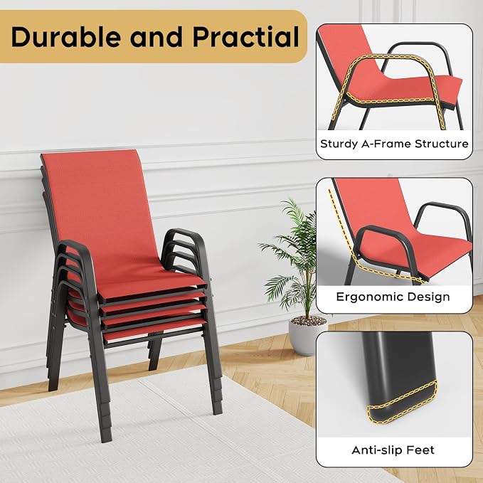 Outdoor Patio Dining Set for 4, 5 Pieces Patio Table and Chairs Set with Umbrella Hole, 41"x 41" Round Metal Wood-Grain Dining Table Set with 4 Stackable Patio Chairs for Deck , Backyard, Porch