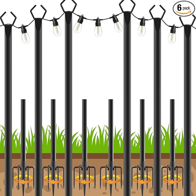 AHRLHR 6 Pack String Light Poles, Outdoor String Light Pole 10 ft Forked Metal Light Pole with Adjustable Outdoor Light Stand, Deck, Backyard, Garden, Wedding, Rustproof and Sturdy with Hooks.