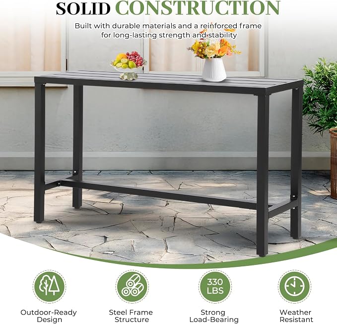 Outdoor Bar Table, Patio Counter Height Bar Tables, 63" Rectangle Bar Table for Patio, Garden, Yard, Balcony, Poolside