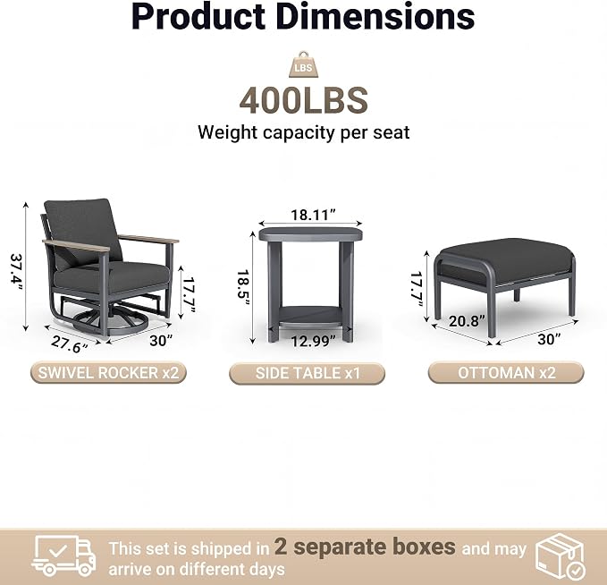 Aluminum Swivel Rocking Chairs with Ottomans, 5-Piece Outdoor Patio Furniture Set, Metal Gliders with Side Table, Wood-Like Armrests & 5.1" Thick Cushions for Porch, Black