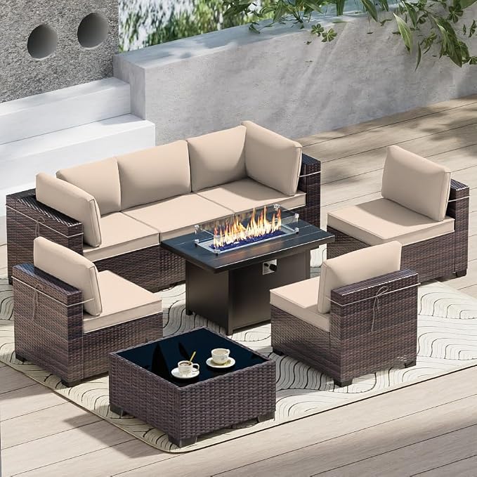 Outdoor Terrace Furniture Set, 8 Piece Outdoor Furniture Set, with 43 inch Aluminum 55001 BTU Propane fire Pit, PE Willow Vine Terrace Dialogue Set - Brown.