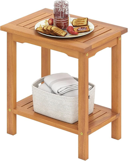 HAPPYGRILL Acacia Wood Patio Side Table, 2-Tier Accent Table with Slatted Tabletop & Storage Shelf, Wooden End Table for Living Room Poolside Balcony Porch (1)