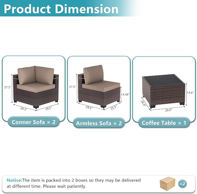 ALAULM 5 Pieces Patio Furniture Set Wicker Patio Conversation Set, Outdoor Sectional Furniture w/Coffee Table & Washable Seat Cushions-Sand