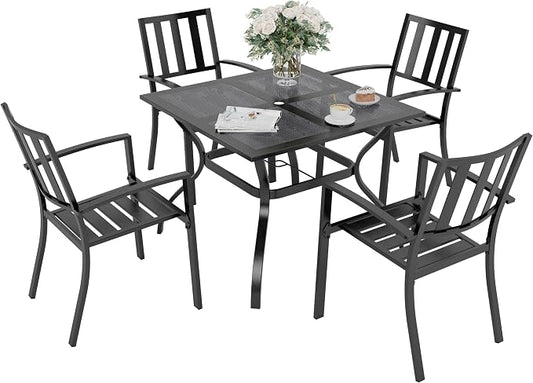 PHI VILLA Patio Dining Set,4 Stackable Chairs& 37" Square Metal Table | Outside Furniture Set for Patio, Deck, Backyard, Porch