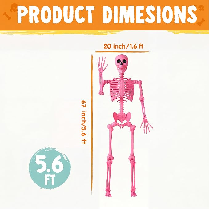 JOYIN 5.6 FT Halloween Posable Skeleton Life Size, Giant Outdoor Yard Skeletons, Pink Plastic Skeleton with Movable Joints for Haunted House Props, Halloween Decorations, Spooky Scary Skeletons Party