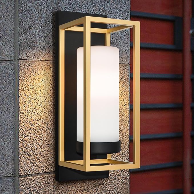 ALVIME Black and Gold Wall Sconce, Modern Outdoor Wall Lights, Hardwired Exterior Porch Light Fixtures, Waterproof Front Door Lighting with E26 Base for House Garage Patio