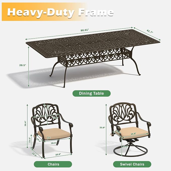 9-Piece Outdoor Dining Set, Retro Bronze Cast Aluminum Patio Furniture Include 86.6" Rectangle Table and 8 Fixed Chairs with Cushion and Umbrella Hole for Patio Deck Garden