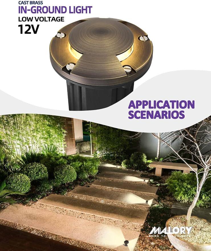MALORY Brass Top Cover Landscape Well Lights,(φ126 mm) 12V Low Voltage Outdoor In Ground Lights,Landscape Lighting for Pathway, Driveway and Garden (Two-Direction Turret, 4-Pack with Bulb)