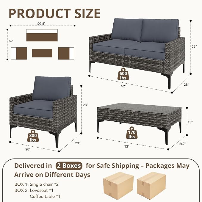 4 Piece Patio Furniture Set, Wicker Modular Outdoor Furniture with Thicker Cushions, Outdoor Couch Sofa for Garden, Poolside, Backyard, Gray