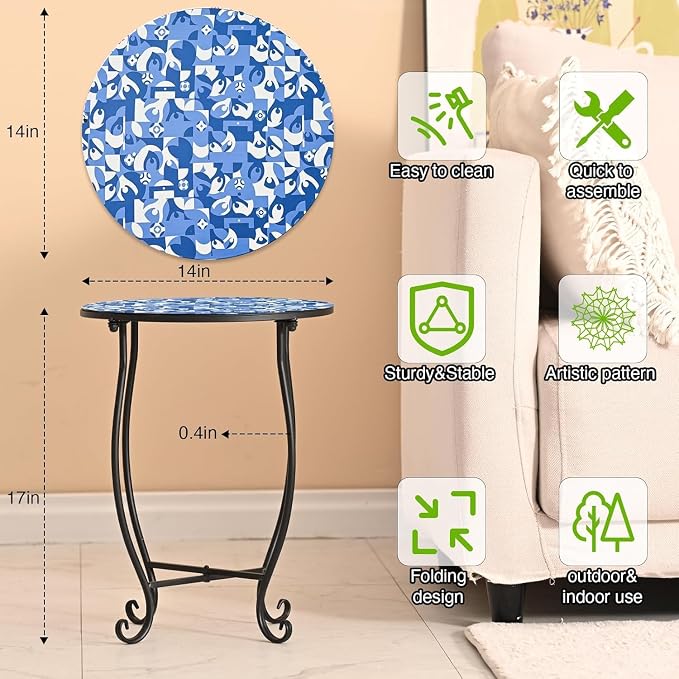 Patio Side Tables, 14"" Indoor Outdoor Metal Side Table for Poolside Bistro Balcony Yard Porch Bedside, Weather Resistant Metal Accent Table for Indoor Outdoor Use, Easy Assembly (Blue)