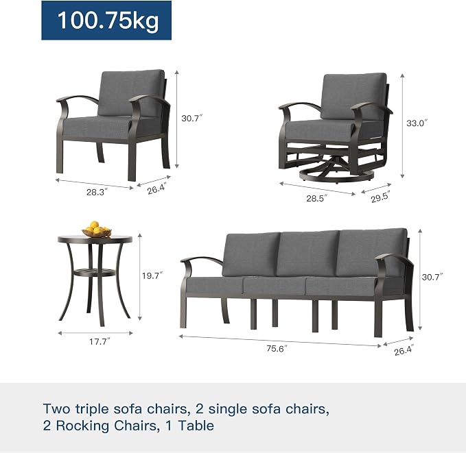 Kullavik Aluminum Patio Furniture Set,8 Piece Modern Metal Outdoor Patio Furniture w/5.1'' Thick Cushion,Swivel Chairs and Rectangular Coffee Table,Patio Conversation Sets for Porch,Deck,Grey