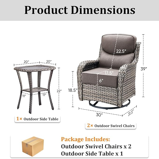 Luxury Outdoor Swivel Rocker Patio Chairs Set of 3, High Back Swivel Patio Chairs with Side Table & 6-Inch Thick Cushions, Wicker Outdoor Bistro Set for Porch, Yard, Deck, Poolside, Grey