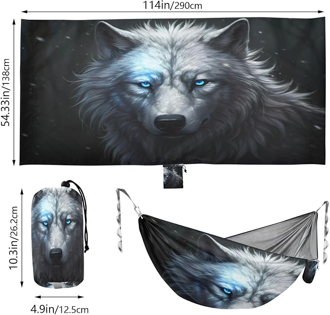 Wolf Camping Hammock, Portable Lightweight Single Hammock with Tree Straps and Aluminum Carabiners, 114" x 54" Travel Hammock for Hiking Backpacking Beach