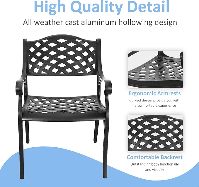 Patio Dinning Set Weather Resistant Cast Aluminum Patio Furniture Set with Umbrella Hole, Bistro Dining Set for Garden (42" x 42" Table D and 4 Chairs Black, 5 Pieces)