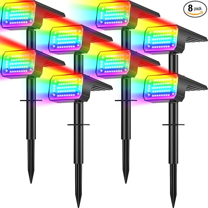 Solar Color Changing Spot Lights Outdoor, 8 Pack Solar Landscape Lights with 32 LEDs Each, 7 Lighting Modes, IP65 Waterproof, 2-in-1 Adjustable Solar Spotlights for Yard Garden Pathway Driveway