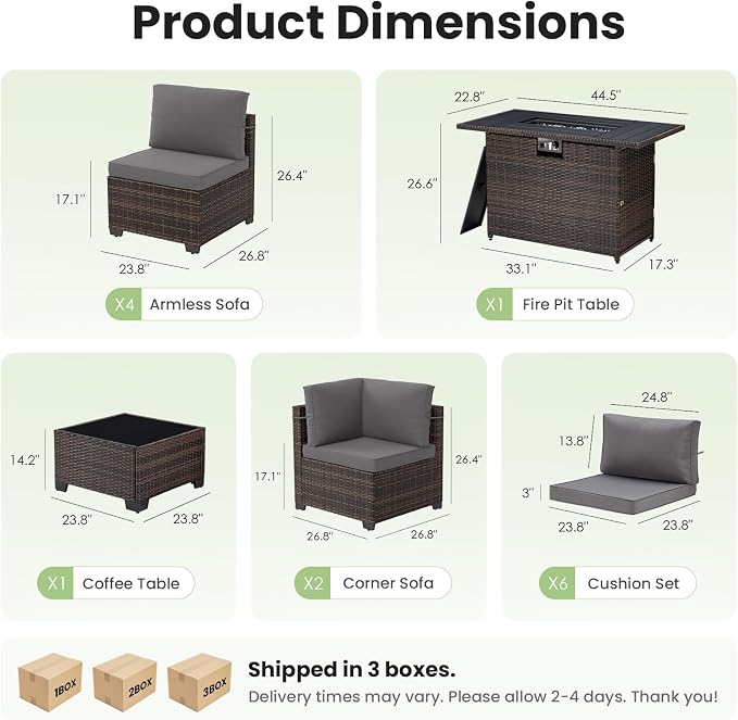 Soohow 8 Piece Patio Furniture Set with 44" Fire Pit Table, Outdoor Sectional Wicker Rattan Conversation Set for Garden, Porch, Backyard - Grey Cushions