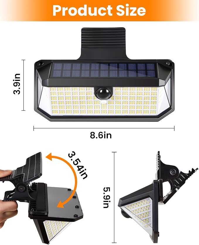 LUHLEE 416 LEDs Clip On Solar Lights Outdoor, 1500LM & 300° Angle Bright Motion Sensor Outdoor Lights with 3 Lighting Modes, IP65 Waterproof Flood Solar Light for Fence, Patio, Backyard, Gutter 1Pack