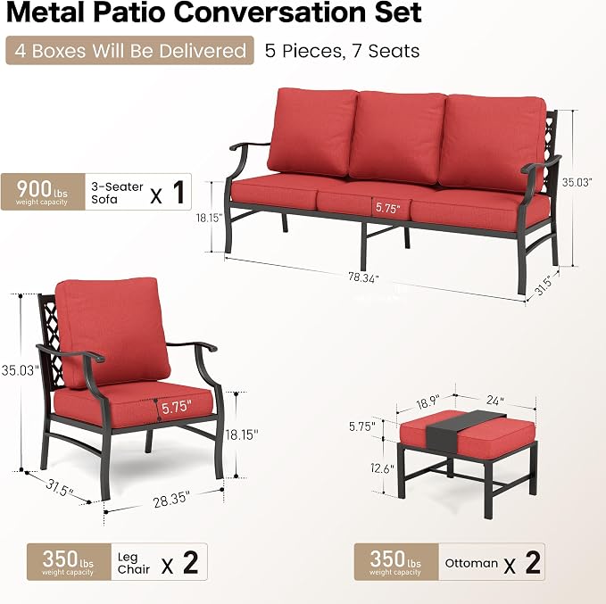 SUNSHINE VALLEY 5 Piece Metal Outdoor Patio Furniture Set, Patio Conversation Sets 1 3-Seater Sofa, 2 Fixed Chair, 2 Ottomans with 5.75" Thick Cushion, Black All-Weather Frame Backyard Furniture, Red
