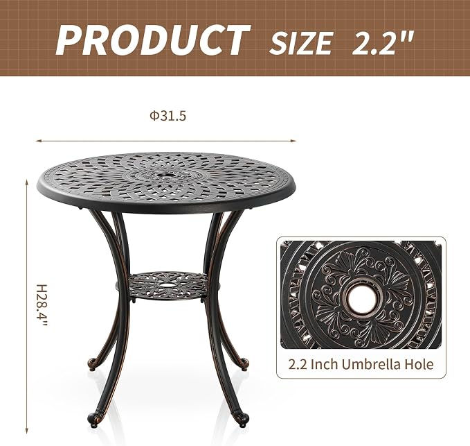 Outdoor Table Patio Table with Umbrella Hole, Round Bistro Table for Lawn Garden, All Weather Metal Black Patio Dining Desk (31.5“, Round)