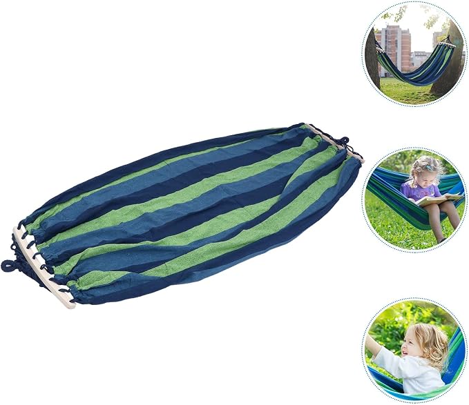 Happyyami Outdoor Hammock Striped Canvas Travel Hammock 190x100cm with Curved Spreaders for Hiking Backyard Patio Outdoor Relaxation