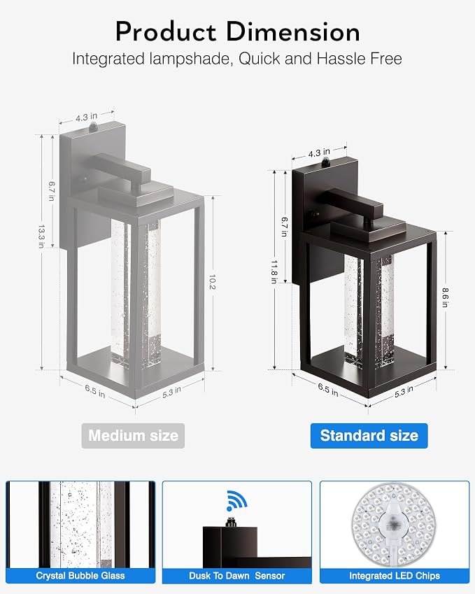 VIANIS Oil Rubbed Bronze Dusk to Dawn Outdoor Light Fixture for House, Farmhouse Exterior Wall Sconce Lantern for Porch, Anti-Rust Outside Garage Lights Wall Mount with Integrated 10W LED Light Source
