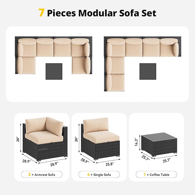 Aoxun Patio Furniture Set, 7 Piece Outdoor Sectional Sofas with Waterprool Cover, Wicker Rattan Outdoor Furniture Patio Conversation Set for Backyard, Garden Beige
