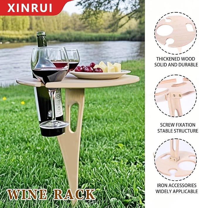 Outdoor Wooden Folding Wine Table, Ground Insert with Glass Holder | Solid Rubber Wood, Detachable Foldable, Bottle Glass Holder, Easy to Store, for Lawn Garden Picnic Beach