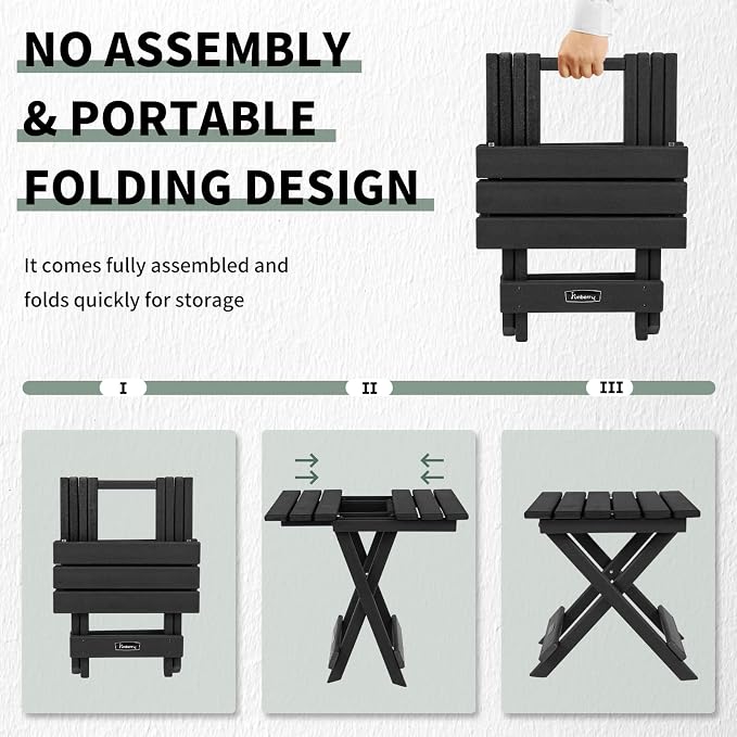 FUNBERRY Outdoor Folding Adirondack Side Table, Patio End Table | No Assembly, Portable, HDPE All Weather, No Rot, No Rust, No Crack, Save Space, Easy-Clean for Indoor or Outdoor