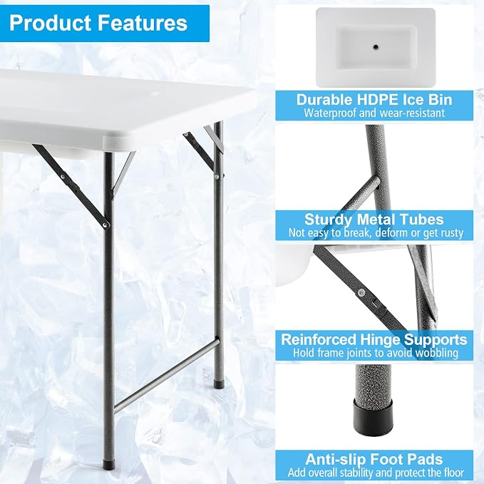 S AFSTAR 4 Foot Folding Ice Table, Buffet Salad Serving Table with Foldable Bucket, Removable Skirt, Drain System & 8" Spacious Edge, Portable Beverage Cooler for Party Camping Picnic Wedding