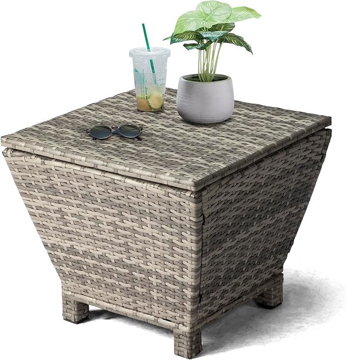 Outdoor PE Wicker Side Table with Storage, 13 Gallon Patio Storage Bin Container with Air Spring Lid, All-Weather Handwoven Rattan Coffee Table for Deck, Poolside & Garden, Grey (Gray)