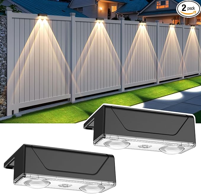 Solar Fence Lights Outdoor - 3 Color Modes(3000K/4000K/6000K), IP55 Waterproof Solar Lights, Fence Light Solar Powered for Outside, Backyard, Railing, Steps, Patio and Wall Lighting (2PK)