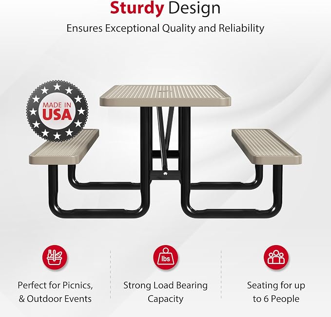 Leisure Craft Metal Picnic Table with Bench - 6 ft Rectangle Outdoor Dining Table for 6, Umbrella Hole, Weatherproof Heavy Duty Thermoplastic Coating, Commercial Grade Furniture Made in USA - Beige
