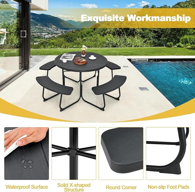 Round Picnic Table for Outdoors, 8 Person Outdoor Picnic Tables & Benches Set with Umbrella Hole, HDPE Tabletop & Metal Frame, 2000 LBS Capacity Table Bench Set for BBQ, Garden, Lawn, Patio