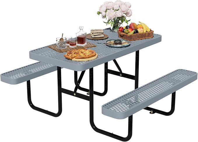 4FT Rectangular Steel Outdoor Picnic Table, Commercial Picnic Table Bench Set with Umbrella Hole, Weather-Resistant Heavy Duty School Dining Table for Stores, Park, Patio, Garden, Backyard, Grey
