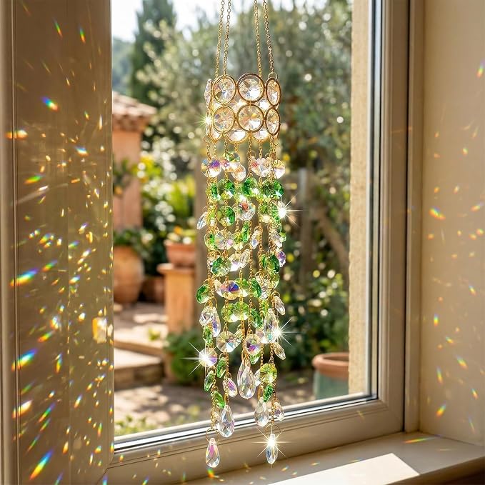 Crystal Suncatchers for Window Hanging Decor, Prism Rainbow Maker with Chain & Hook, Ornament for Ceiling, Garden, Home, Indoor & Outdoor Decoration, Green