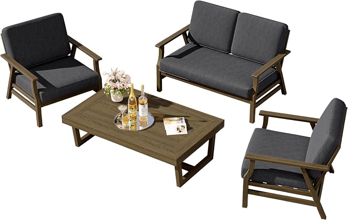 4 Pieces Patio Furniture Sets, Teak Wood Outdoor Sectional Furniture with Coffee Table, 4 Seats Patio Sofa Couch Conversation Set for Backyard Deck - Dark Gray