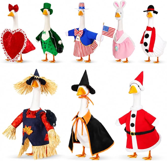 FuWeave 8 Set Holiday Porch Goose Outfits 17'' Goose Clothes Summer Fall Halloween Christmas Winter Thanksgiving Valentine St. Patrick Easter 4th of July Lawn Porch Geese Costume for Patio Yard Decor