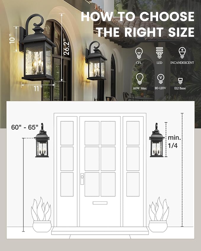 FEMILA 26" Outdoor Wall Light, Large Exterior Wall Lantern with Water Ripple Glass, 3-Light Outdoor Wall Light Fixtures for Entryway, Patio, Garage, Doorway, E12 Base, 4FD54B-L BK