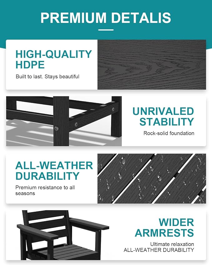 PLUUV Outdoor Patio Dining Set for 6, 66" HDPE Table with Umbrella Hole Cut-Out & 6 Chairs, Wood-Like Texture, All-Weather Furniture for Backyard, Garden, Porch, Black