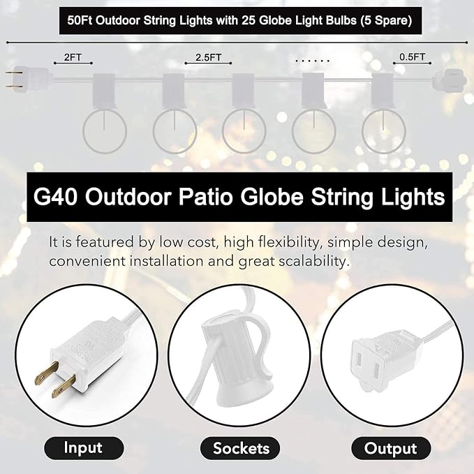 SUNSGNE 50Ft G40 Globe String Lights with 25 Clear Edison Bulbs(5 Spare), White String Lights Outdoor Patio Light for Indoor Outdoor Commercial Decor (White Wire)