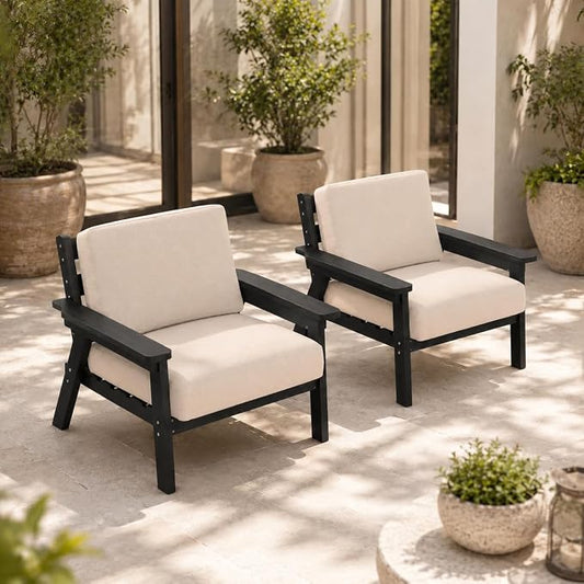 2 Piece HDPE Outdoor Furniture Set with Beige Cushions (Black Frame) | All-Weather HDPE, Modular Design, Extra-Deep Seating, Thick Cushions, Ideal for Backyard, Deck & Porch