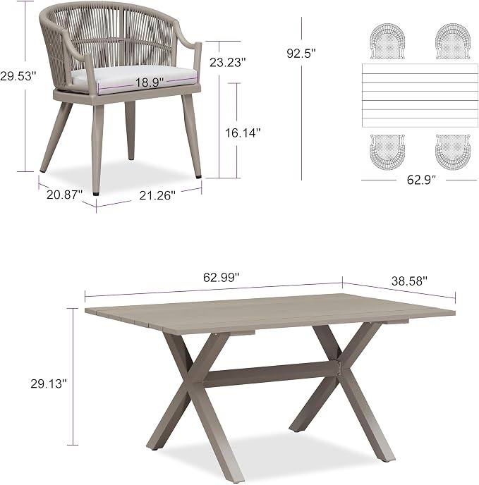 PURPLE LEAF 5 Pieces Outdoor Dining Set All Weather Wicker Patio Dining Set with Rectangular Aluminum Table and Modern Armrest Dining Chairs for Garden Deck Backyard Kitchen, Champagne