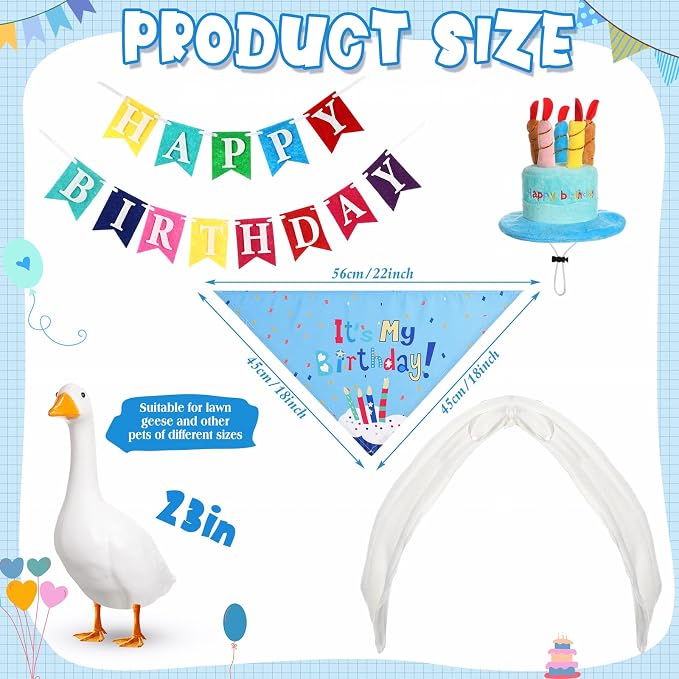 Abbylike 4 Pcs Happy Birthday Porch Goose Outfit for 23" Statues Poseable Porch Goose Wings Birthday Cake Hat for Lawn Patio Outdoor Geese Statue Decoration Accessories(Blue,Bib Style)